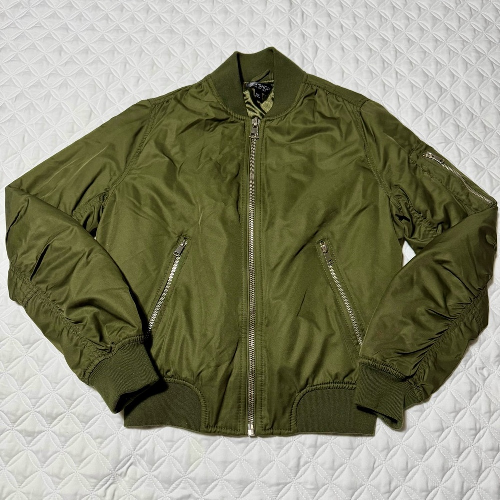 Topshop Women's Olive Green Full Zip Bomber Flight Jacket Size 4